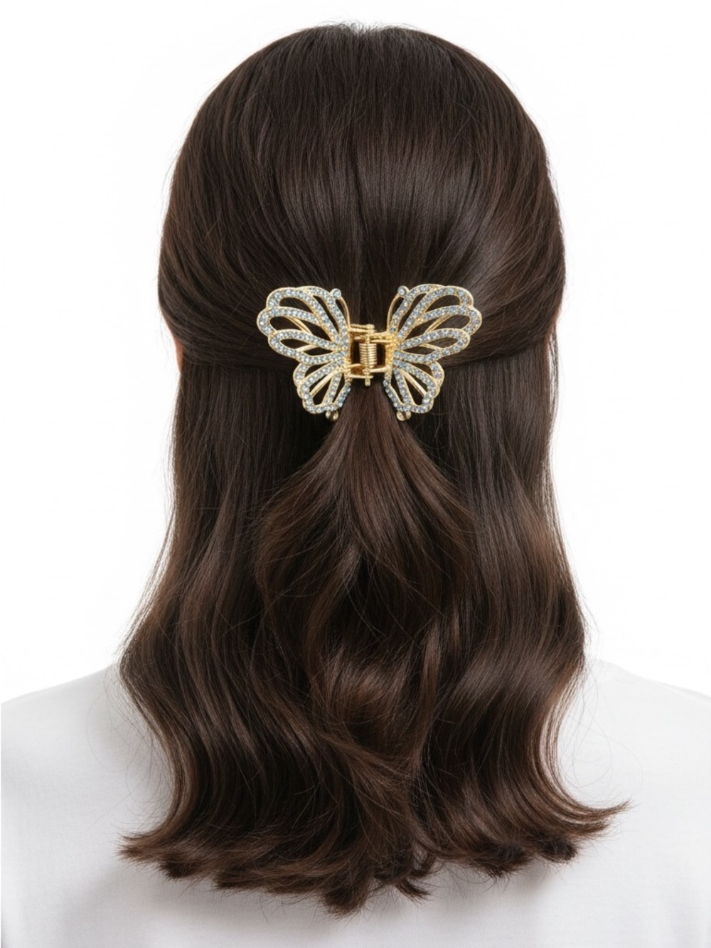 Butterfly Allover Light Sky Blue Rhinestone 2” Gold Metal Lobster Claw Hair Clip